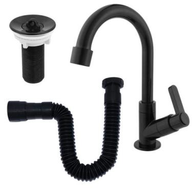 Imagem de Kit Torneira Lavatorio Banheiro + Válvula ABS e Sifão Preto - Montelar