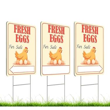 Imagem de Conjunto de 3 placas duplas de ovos frescos de 30 x 40 cm com estacas em H de metal - decoração de casa com ovos de galinha frescos para venda - Placa de ovos frescos para uso externo e interno