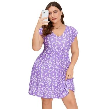 Imagem de ShopWonder Vestido feminino plus size casual com decote em V, solto, rodado, babados, vestido midi com bolsos, Flor roxa Vc, 4G