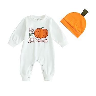 Imagem de 2 peças roupas neutras recém-nascido menino menina abóbora macacão My 1st Halloween Clothes com chapéu (branco, 12-18 meses)