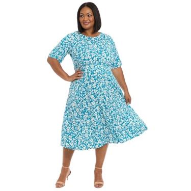 Imagem de London Times Cintura inserida feminina manga curta midi, Barreira de corais/branco macio, 25 Plus Size