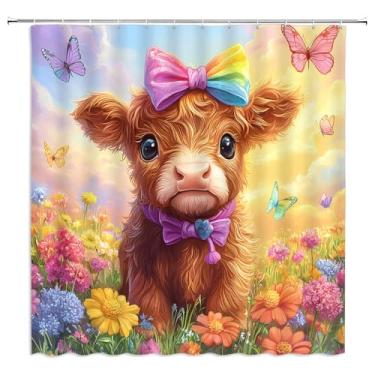 Imagem de UOZXOML Cortina de chuveiro Highland Cow Funny Bull with Rainbow Bowknot Colorful Floral Leaves Butterfly Farmhouse Animal Wildflower Spring Nature Plant Tecido Decoração de banheiro Cortinas com