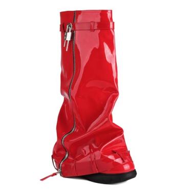 Imagem de Rock88 Botas femininas dobráveis, botas altas com cadeado e zíper lateral, botas de panturrilha larga com plataforma para festa e uso diário, vermelha, 36