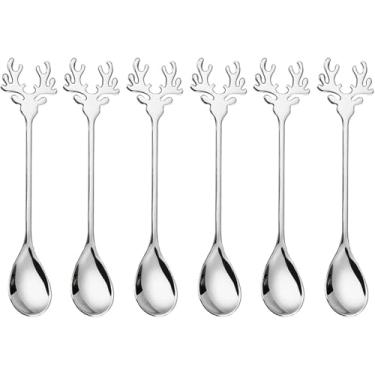 Imagem de Conjunto de colheres de café 6PCS Colheres de chá de aço inoxidável Colheres mexedoras, Colher de sobremesa, Colher de geladeira com cabo de rena para mexer nas decorações de Natal (Prata)