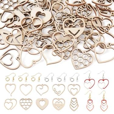 Imagem de KISSITTY Kit de fabricação de brincos de coração de madeira, 60 peças, pingentes de coração de madeira inacabados com 50 ganchos de brinco, 50 peças de anéis de salto para fazer brincos com pingente