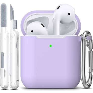 Imagem de R-fun Capa protetora compatível com AirPods, capa protetora de silicone macio com chaveiro para mulheres e homens, compatível com Apple AirPods 2ª geração, LED frontal visível, rosa roxo