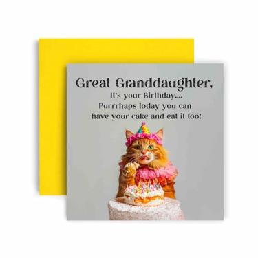 Imagem de Huxters Cartão engraçado de feliz aniversário da bisneta - Cat Purrhaps have Cake and Eat it too - Vale-presente para seu cartão para bisneta - 14,8 cm (bisneta)