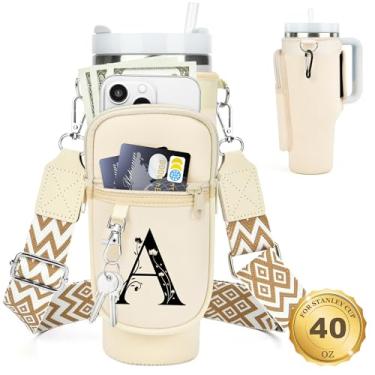 Imagem de LOKASS Suporte inicial para garrafa de água com alça para copo Stanley de 1,134 g com alça, bolsa térmica para garrafa de água com bolso para telefone, floral e mosquetão para acessórios Stanley Cup