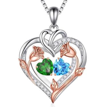 Imagem de Colar de pedra do mês de nascimento com coração rosa banhado a prata, presente de aniversário e aniversário com pingente de Natal para mulheres, esposa e mãe, Banhado a prata, Esmeralda sintética