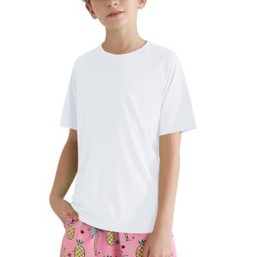 Imagem de Hotfiary Camisa de natação Rash Guard de manga curta para meninos UPF50+ secagem rápida água sol neon camisetas atléticas para meninas crianças jovens 5-14 anos, Branco, 11-12 anos