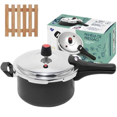 Imagem de Panela de Pressão 3 Litros Antiaderente Fechamento Externo + Descanso de Panela Quadrado Madeira 14,5cm