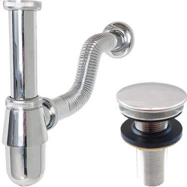 Imagem de Dona D cor, Sifão Copo Cromado Metal 7/8 Ajustável E Valvula Click Inox 30mm Kit Pia Lavatório Cuba Banheiro Sifão Aparente Tubo De Saída Adaptável