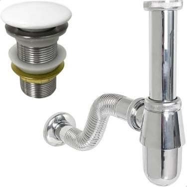 Imagem de Dona D cor, Sifão Copo Cromado Metal 1 1/4 Ajustável E Válvula Click Inox 40mm Tampa Cerâmica Branca Ralo Pia Lavatório Cuba Aparente Tubo Adaptável Kit Banheiro