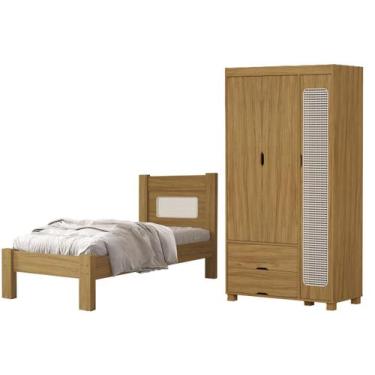 Imagem de Kit Cama Solteiro Para Quarto MDF Com Guarda Roupa 3 Portas 2 Gavetas 