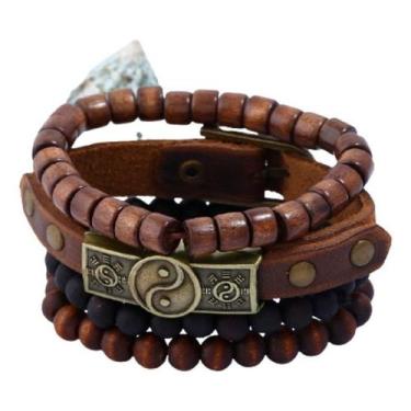 Imagem de Kit Com 4 Pulseiras Yin Yang Yoga Tai Chi Couro Madeira - NoBrand, 21 