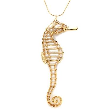 Imagem de Colar de prata esterlina banhado a ouro grande com cavalo marinho, joia artesanal de polímero, corrente de ouro de 50,8 cm