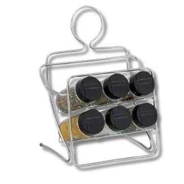 Imagem de Porta Tempero com 6 Potes de Vidro Tampa Dosadora Suporte Cromado para Organização de Cozinha