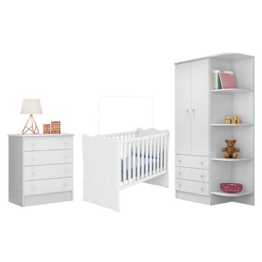 Imagem de Jogo de Quarto Doce Sonho Guarda Roupa 2 Portas Cantoneira, Berço e Cômoda Branco - Qmovi