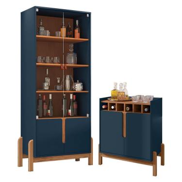 Imagem de Sala de Jantar Lizz com Cristaleira e Aparador Barzinho - Casa D Azul Cobalto/Cedro