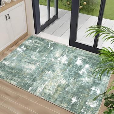 Imagem de Dotiiorug Tapete de área moderno abstrato lavável para entrada, tapete baixo para interior 2x3 antiderrapante tapete de área antiderrapante tapete macio resistente a manchas verde sálvia