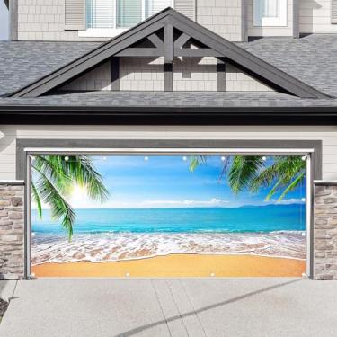 Imagem de ZTHMOE 1 bandeira, praia, tropical, verão, 4,9 x 2,1 m, decoração de porta de garagem, Havaí, palmeiras, céu azul, cenário fotográfico, casa, Aloha Luau, material de festa ao ar livre