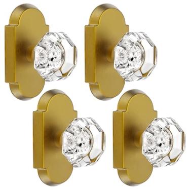 Imagem de BonKuDoo Pacote com 4 maçanetas de porta fictícias de vidro interior de cristal para hall e armário, lado único sem trava, latão antigo