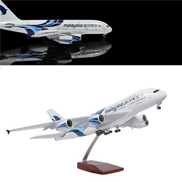 Imagem de 24-Hours 45,7 cm escala 1/160 modelo de mesa de avião Malásia A380 modelo coleção de aviões com luz LED (controle de toque ou som) suporte de madeira e registro de engrenagem