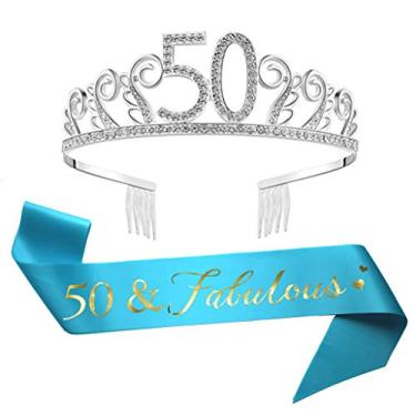 Imagem de Tiara e faixa de aniversário de 50 anos, faixa de cetim com glitter e strass de cristal, coroa de aniversário para 50º aniversário, artigos de festa de aniversário, lembranças, decoração de 50º aniversário, presente de aniversário