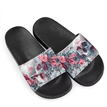 Imagem de Howilath Pantufas deslizantes de verão com estampa de borboleta azul para homens, mulheres e crianças, girassol, colorido, tie-dye animais, chinelos de casa, antiderrapante, leve, Flor de caveira