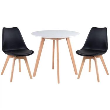 Imagem de Kit - Mesa Redonda Leda 80 Cm Branco + 2 Cadeiras Estofadas Leda Preto