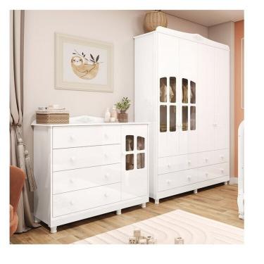 Imagem de Quarto Infantil Com Guarda-roupas E Cômoda Com Janelas 100% Mdf Maya Clássico Espresso Móveis Branco Brilho