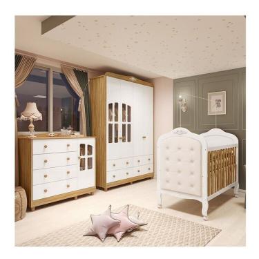 Imagem de Quarto De Bebê Guarda-roupa E Cômoda Com Janelas E Berço Com Capitonê Maya Clássico Espresso Móveis Branco