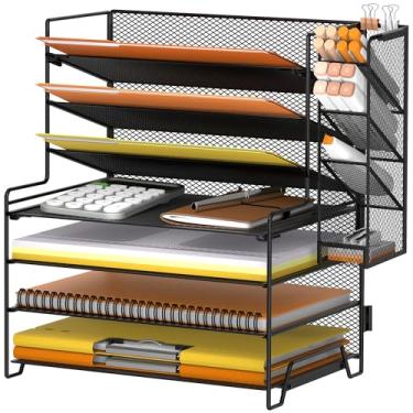 Imagem de SUPEASY Organizador de mesa de 7 camadas, organizador de papel de 4 camadas + suporte de arquivo de 3 camadas com suporte de caneta, organização de mesa e armazenamento para escritório em casa, preto