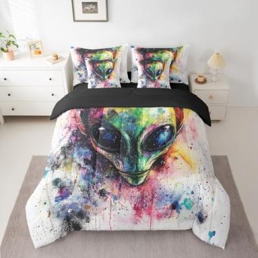 Imagem de Feelyou Jogo de edredom com desenho de alienígena, espaço sideral, planeta, para crianças, meninos, meninas, tema alienígena, 7 peças, conjunto de cama casal