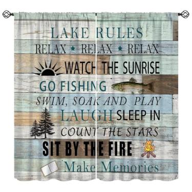 Imagem de Cortina rústica com regras de lago, Lake Life Lodge Cabin Farmhouse Window Treatments Relax Quotes Vintage Country Wooden Plank Camper RV Drapes para quarto, sala de estar, cozinha, L 106 cm x C 114