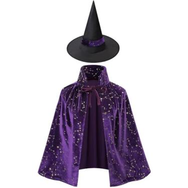 Imagem de GRAJTCIN Kid's Witch Cloak Wizard Magician Cape Vampire Shiny Velvet Cloak with Witch Hat Halloween Christmas Party Costume (27.56", Purple)