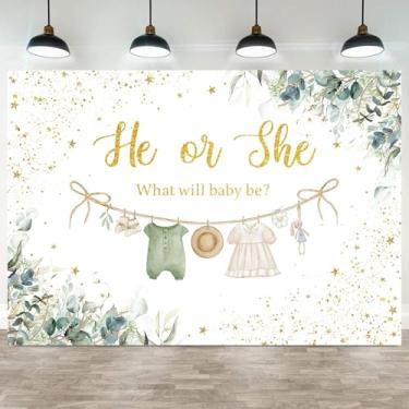 Imagem de Pano de fundo de chá de bebê revelador de gênero de 2,1 x 1,5 m para fotografia menino ou menina ele ou ela rosa azul recém-nascido aquarela floral bonito pontos dourados decoração de festa decoração