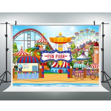 Imagem de Pano de fundo para fotografia de parque de diversões, 2,7 x 1,8 m, roda-gigante, para barraca de circo, montanha-russa com fundo Divirta-se para festa, retrato, sessão de fotos, adereços de estúdio