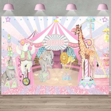 Imagem de Ayayiya Pano de fundo rosa de circo para meninas, decorações de aniversário de carnaval pastel, para crianças, roda-gigante, circo, animais, festa, doce, chá de bebê, banner de mesa, suporte para