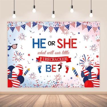 Imagem de AIBIIN 2,1 x 1,5 m 4 de julho pano de fundo revelador de gênero, He or She What Will Firecracker Be cenário de fotografia Dia da Independência vermelho, branco e decoração devida azul ou rosa bandeira
