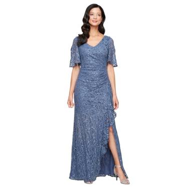 Imagem de Alex Evenings Vestido feminino longo elástico de renda e lantejoulas para mãe da noiva com mangas esvoaçantes de ombro vazado, Wedgewood, 46
