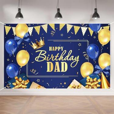 Imagem de Aperturee Banner de aniversário para papai - 179,8 x 110 cm decorações de pai feliz aniversário grande com coroa dourada, balões e presentes - Banner de festa azul e dourado