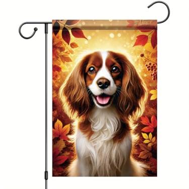 Imagem de Starlit Patio Bandeira de jardim de outono de Ação de Graças Cavalier King Charles Spaniel Bandeira de cachorro 30,5 x 45,7 cm Bandeira dupla face filhote de cachorro outono folha quintal decoração ao