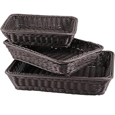 Imagem de ZOENHOU Pacote Com 3 Cestas De Pão Vime, 16" 14" 12" Feitas À Mão, Organizadoras Mesa, Servir Para Casa, Restaurante, Hotel, Comida, Frutas, Vegetais, Lanches, Marrom Escuro