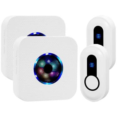 Imagem de Campainhas sem fio, à prova d'água, fácil instalação a 300 metros de longo alcance com 55 toques 5 níveis de volume, 7 cores LED pisca campainha para casa sala de aula, 2 botões de pressão 2