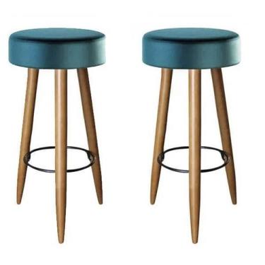 Imagem de Kit 02 Banqueta Alta Suede Azul Turquesa Pés Palito Castanho - Decore.