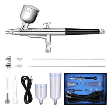 Imagem de JOYABEST Kit de aerógrafo, pistola de ar de ação dupla de 0,3 mm extra bocais/agulhas/tampas de 0,2 mm e 0,5 mm e 3 xícaras (7 cc, 20 cc, 40 cc), mangueira de 1,8 m para pintura de modelos, unhas