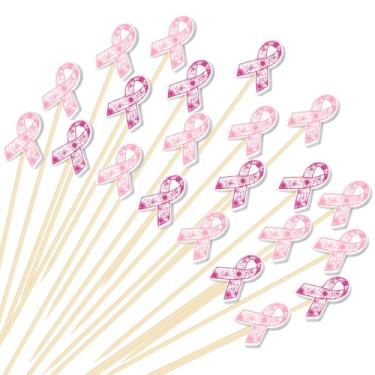 Imagem de Domensi 300 peças palitos de coquetel de conscientização do câncer de mama 12 cm fita rosa palitos de flor para aperitivos espeto de bambu palitos de frutas para cupcake comida sanduíche aperitivo