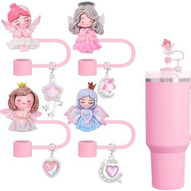 Imagem de Conjunto de topos de palha rosa, chapéu de palha de menina anjo rosa com pingentes brilhantes de encaixe para copos Stanley de 850 g 40 0z, pontas simples modernas fofas e brilhantes de 10 mm para