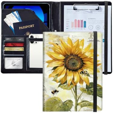 Imagem de Prancheta de pasta/pasta, carteira de couro personalizada com currículo organizador de documentos, tamanho carta A4, porta-cartões de visita para homens, mulheres, lindos girassóis e abelhas